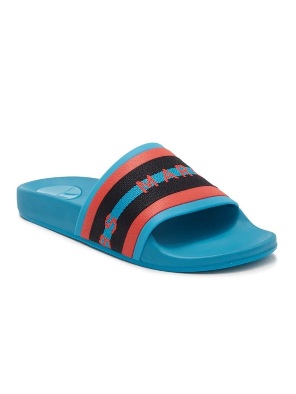 Marc Jacobs Cooper Aqua Blue Slide Sandals w/Coral & Black Striped Logo Spellout